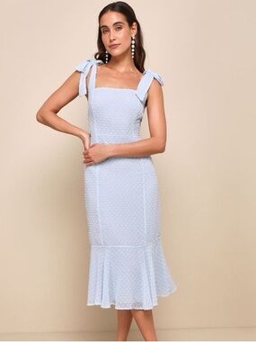 Lulu’s Periwinkle Blue Tie-Shoulder Swiss Dot Midi Dress